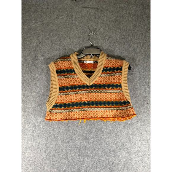 Zara Sweater Women S-M Brown Knitted V Neck Fair‎ Isle Cabin Core Cropped - Picture 1 of 6